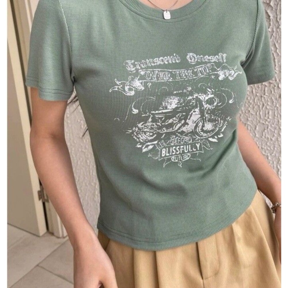 Y2K Moto Graphic Ribbed Baby Tee Sage Green Fitted Stretch Top Size L